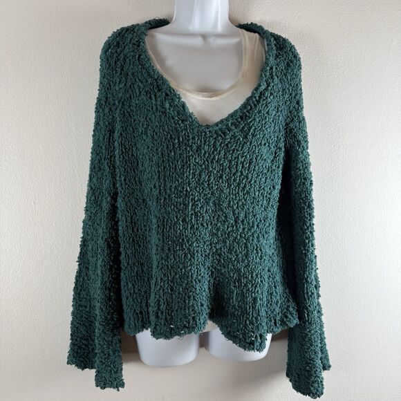 Free People Dune Bell Sleeved Green Oversized Cropped Knit V Neck Sweater S - Picture 4 of 15
